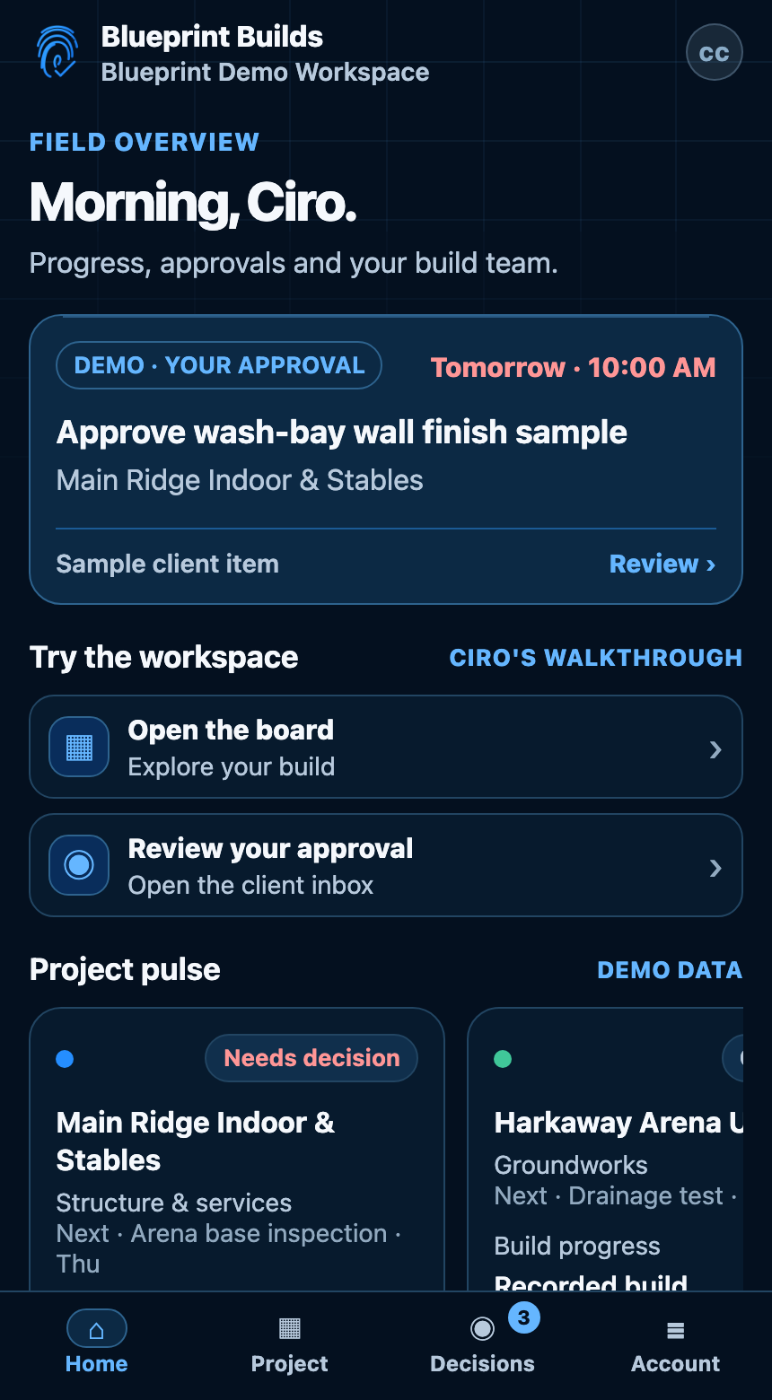 Blueprint Builds client Home showing a client approval, project pulse and simplified client navigation