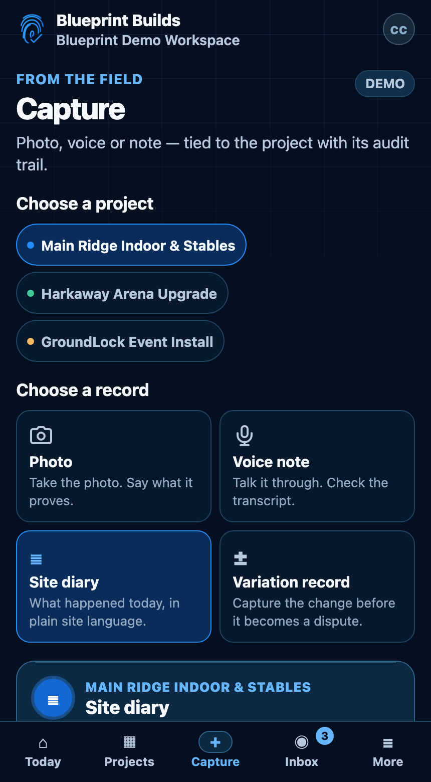 Blueprint Builds Capture screen showing photo, voice, site diary and variation record paths