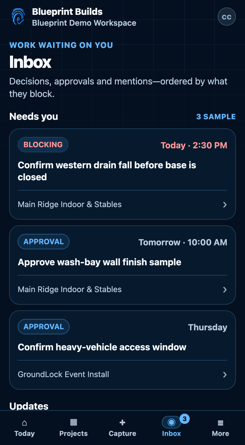 Blueprint Builds Inbox showing blocking decisions and approvals ordered by what they hold up