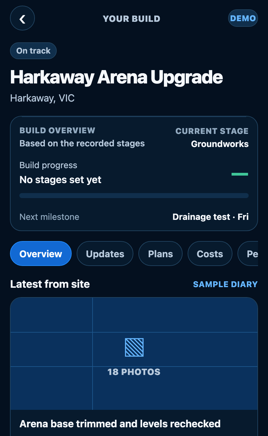 Blueprint Builds project view showing measured progress, the build timeline and a blocking decision